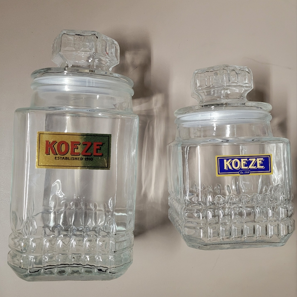 2 Vintage Koeze Glass Lidded Canister 7.5" 9" Clear Glass Apothecary Jar